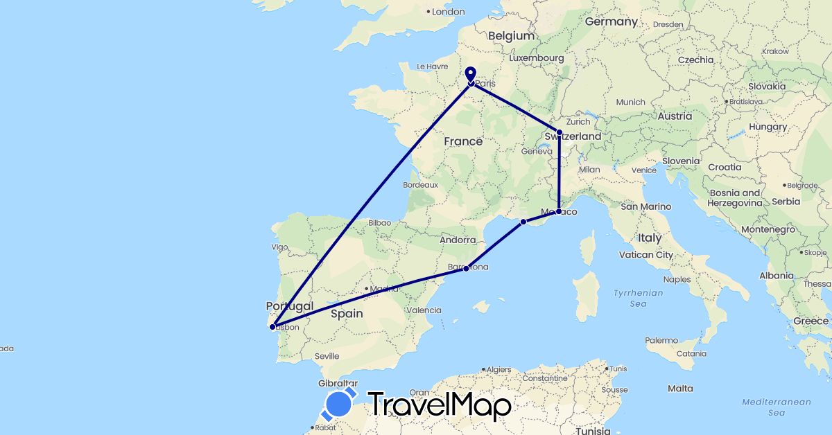 TravelMap itinerary: driving in Switzerland, Spain, France, Monaco, Portugal (Europe)